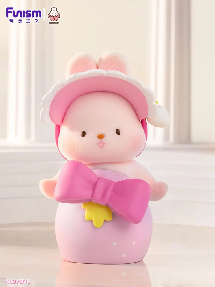 Momo Bunny Strawberry Town collectible with pink hat and big bow.