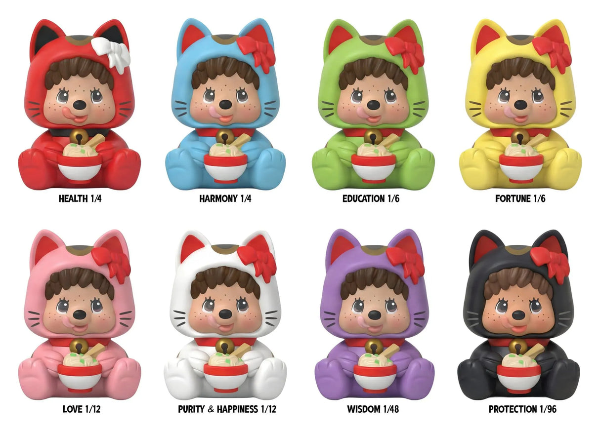 Monchhichi Rokimoto Cup of Fun Lucky Cat Series Blind Box lineup featuring all eight collectible Lucky Cat figures with rarity ratios.