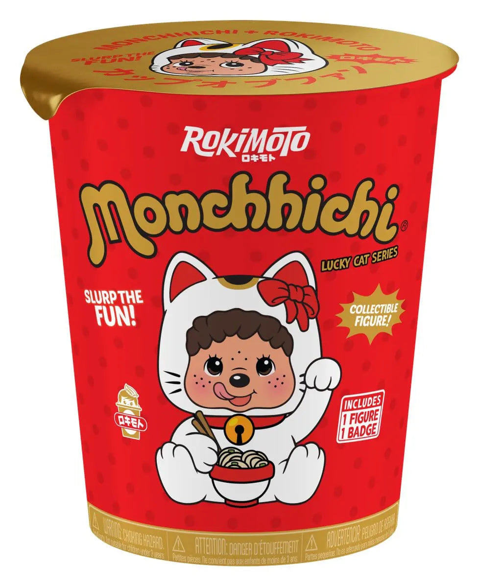 Monchhichi Rokimoto Cup of Fun Lucky Cat Series Blind Box packaging designed as a red instant noodle cup featuring Lucky Cat artwork and collectible branding.