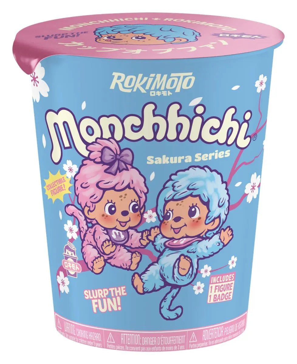 Monchhichi Rokimoto Cup of Fun Sakura Series Blind Box packaging designed as a colorful instant noodle cup featuring Sakura-themed artwork.