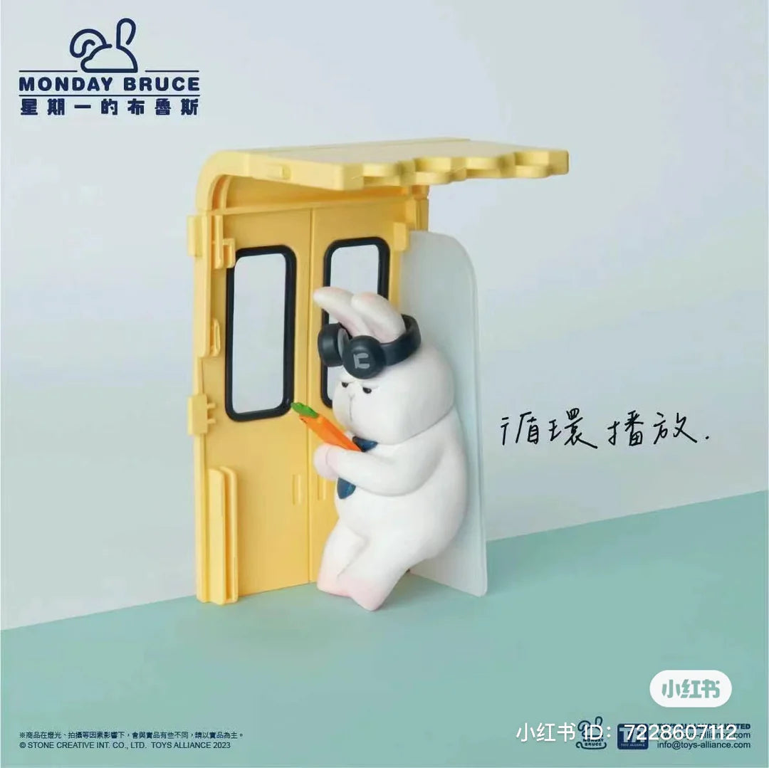 Monday Bruce bunny figure with goggles playing on a phone in metro scene