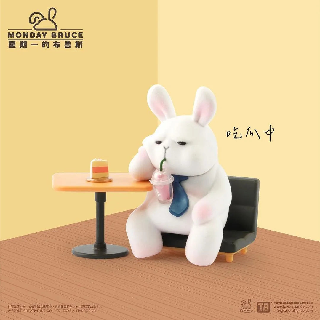 Monday Bruce figure drinking juice and eating cake, Having a Snack design.