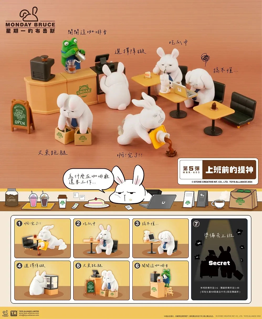 Monday Bruce blind box lineup with 6 regular figures and 1 secret, coffee shop theme.