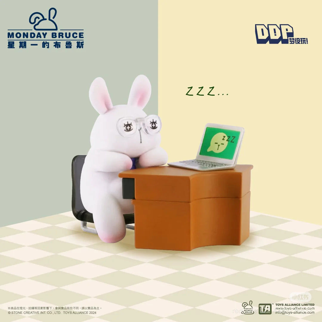 Monday Bruce Series 6 bunny falling asleep at a desk with glasses on.