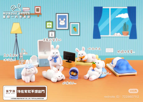 Full set display of Monday Bruce Season 7 Just Want To Stay At Home Blindbox with multiple cozy bunny figures.