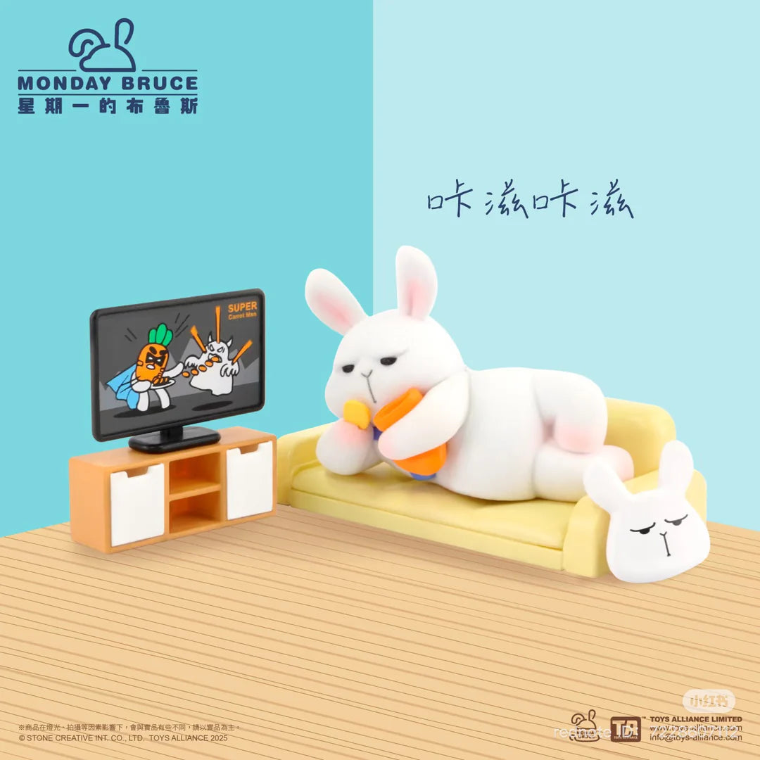 Monday Bruce bunny figure lounging on sofa with TV remote and snacks from Season 7 Blindbox.