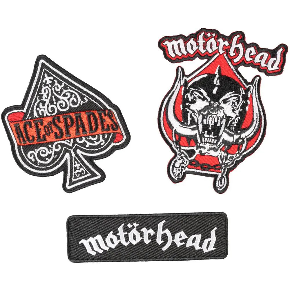 Set of 3 Motörhead patches featuring Ace of Spades, Snaggletooth, and logo designs