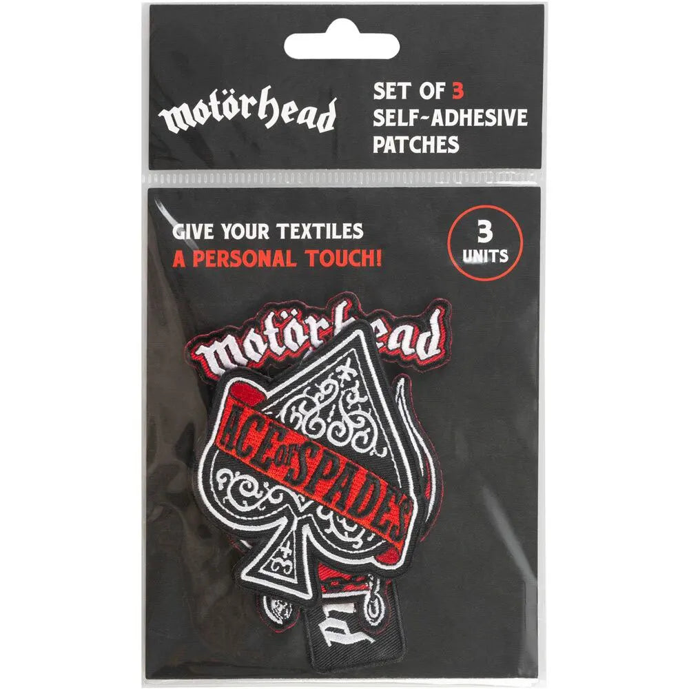 Motörhead patches in retail packaging with Ace of Spades on top