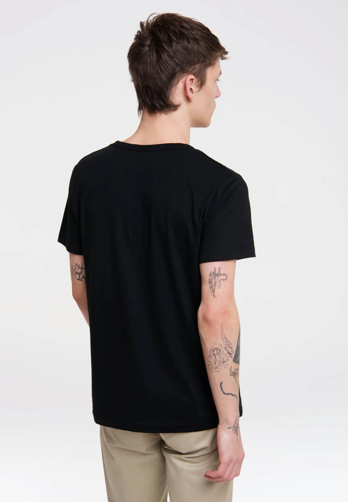 Back view of the black Masters of the Universe He-Man Face T-Shirt, plain with no design