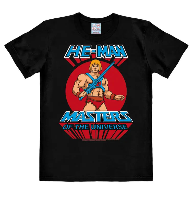 Masters of the Universe He-Man T-shirt with bold front print of He-Man holding the Power Sword on black cotton tee
