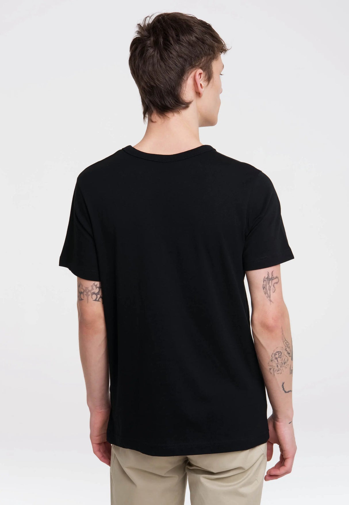 Back side of Masters of the Universe He-Man T-shirt in plain black design