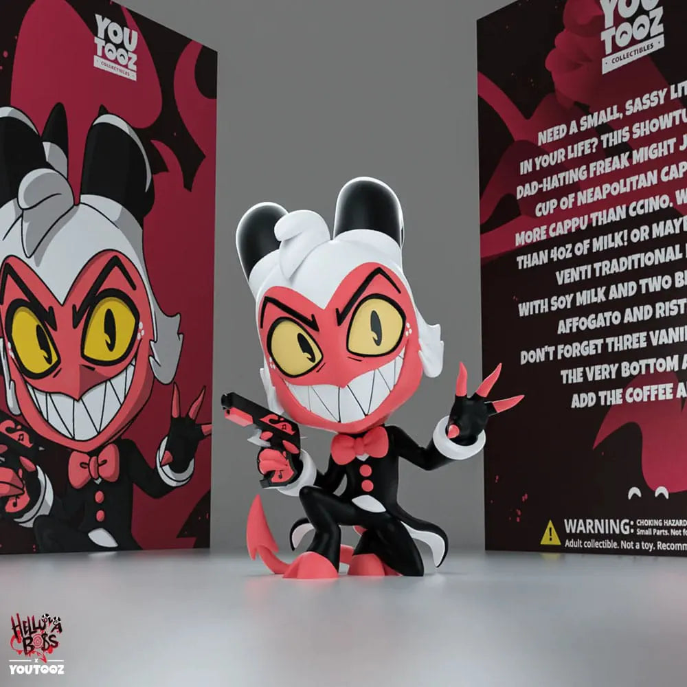Moxxie Helluva Boss vinyl figure by Youtooz displayed outside packaging with character card in background