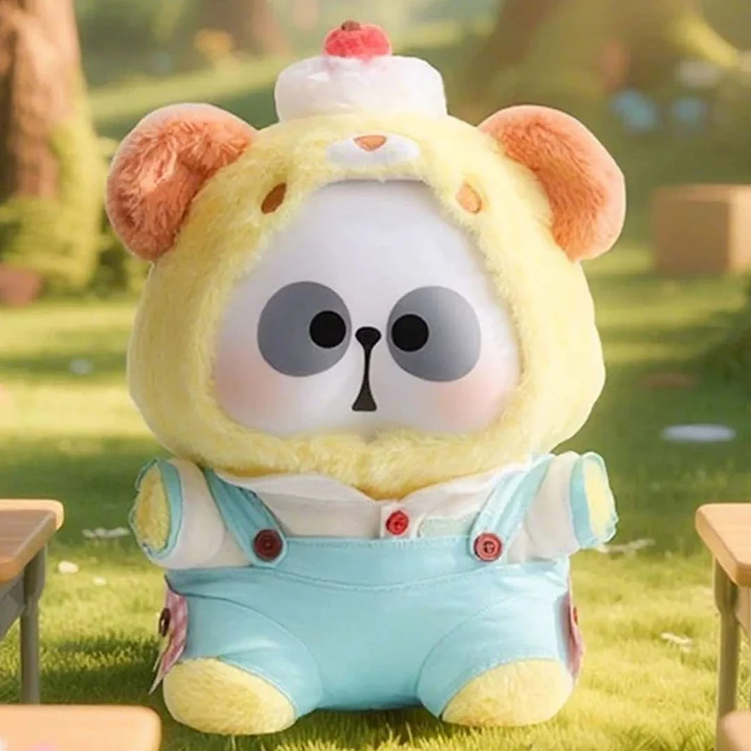 Yellow bear-themed MR.PA plush character wearing overalls and a dessert-inspired hood