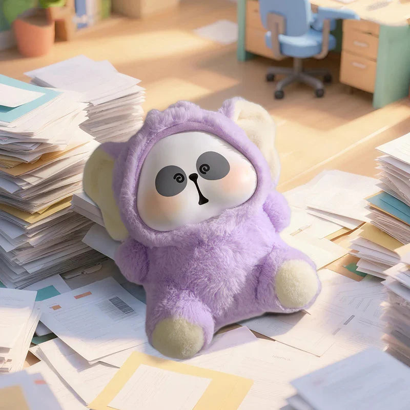 Purple MR.PA plush character surrounded by paperwork in a busy office setting