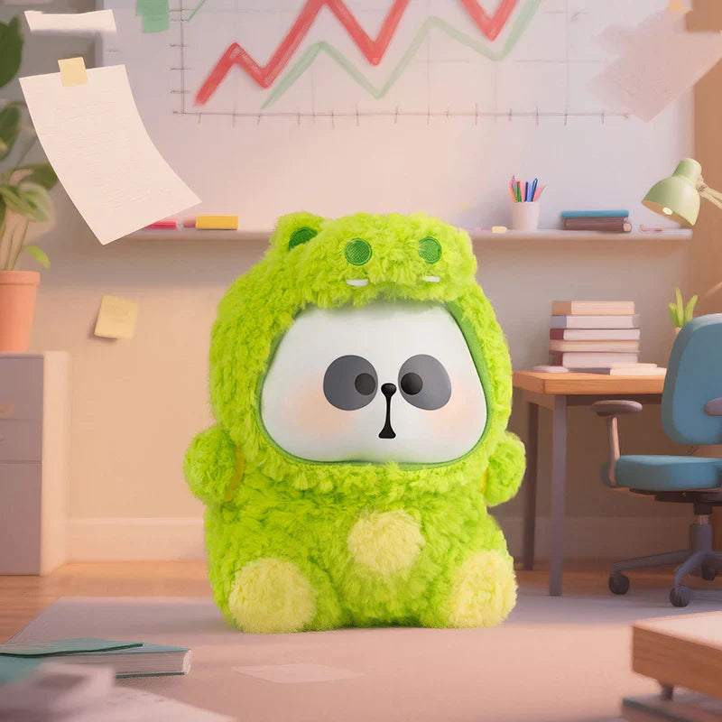 Bright green crocodile-themed MR.PA plush character standing in an office environment