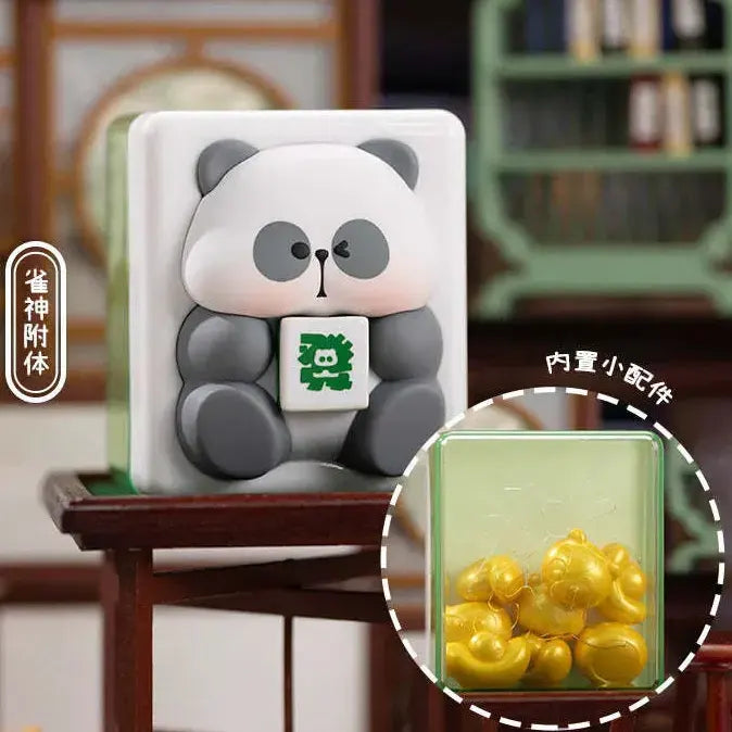 MR.PA lucky mahjong-inspired figure holding a tile with hidden golden accessories inside the display case