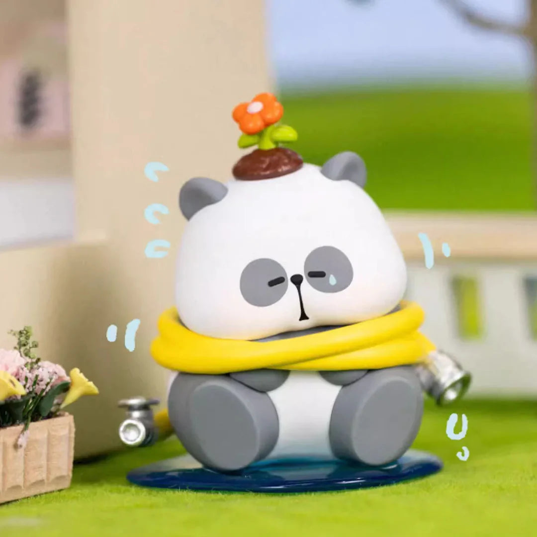 Mr. Pa watering plants with a yellow scarf and flowerpot on his head.