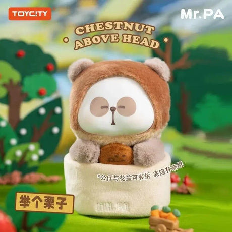 Mr. Pa plush figure Chestnut Above Head holding a chestnut in a cute brown costume