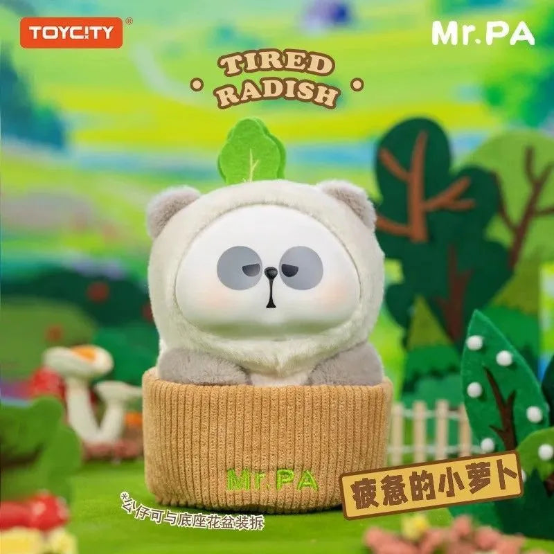Mr. Pa plush figure Tired Radish sitting inside a radish pot with sleepy eyes