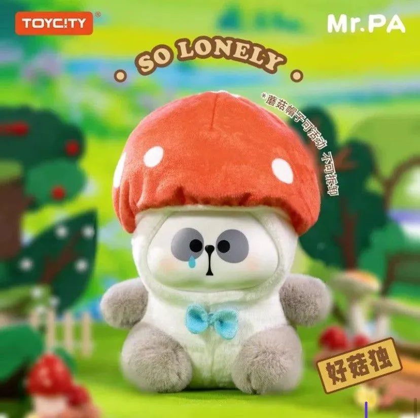 Mr. Pa plush figure So Lonely wearing a mushroom hat with teardrop detail