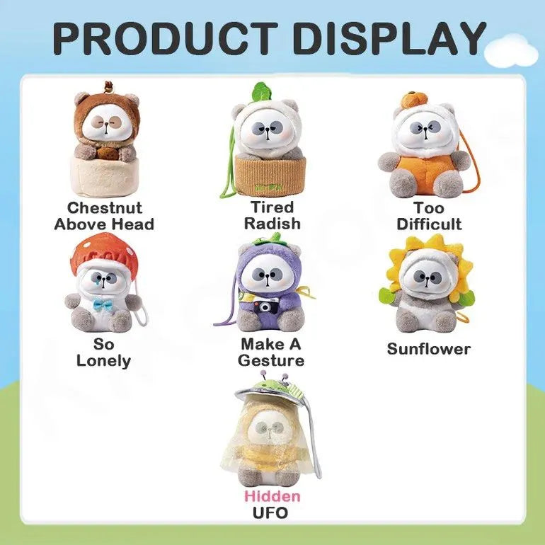 Mr. Pa plush blindbox series with Chestnut Above Head, Tired Radish, So Lonely, Make A Gesture, Too Difficult, Sunflower, and Hidden UFO
