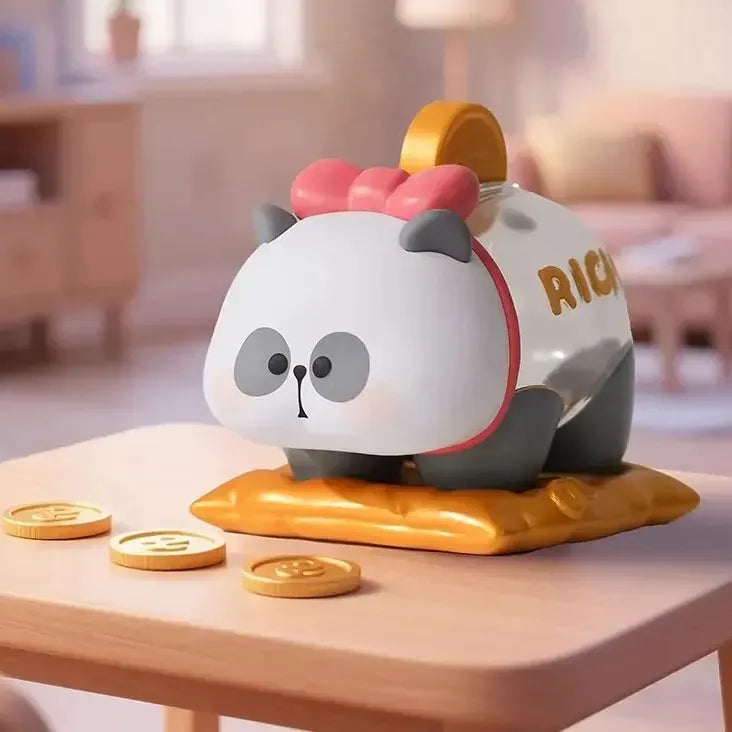 Mr. PA panda piggy bank figure resting on a money cushion surrounded by gold coins