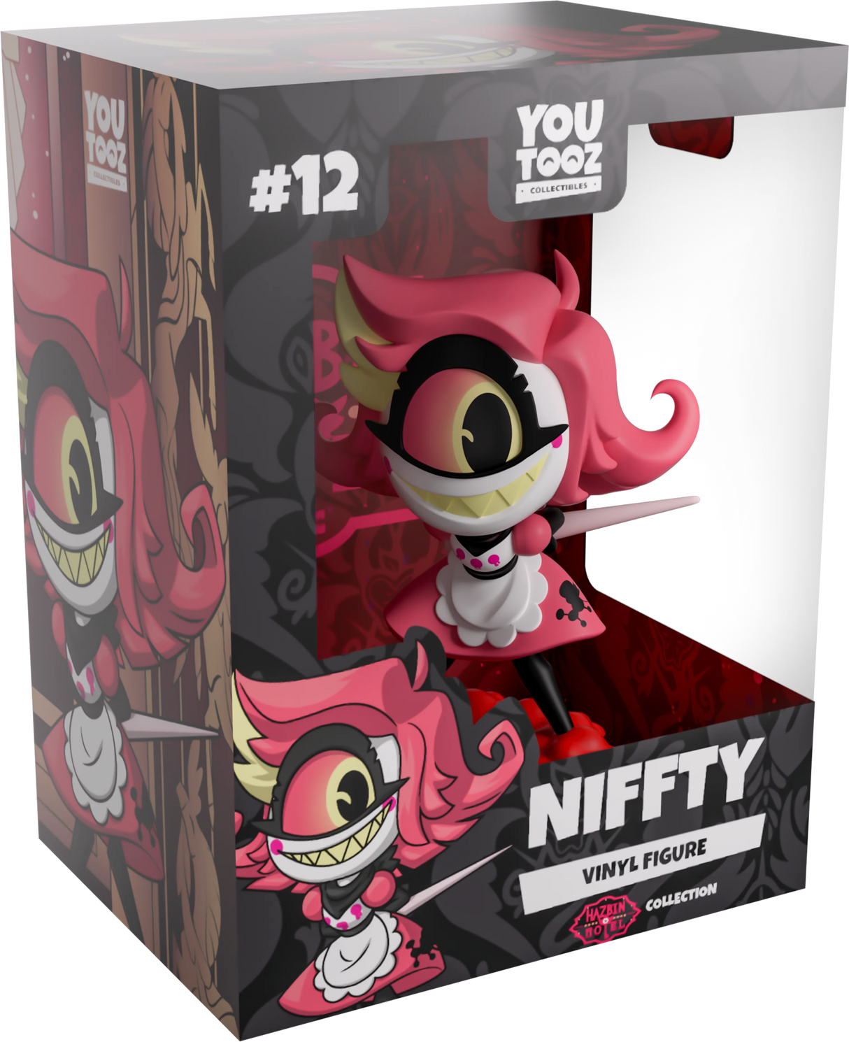 Niffty Youtooz vinyl figure inside its Hazbin Hotel themed collector’s box.