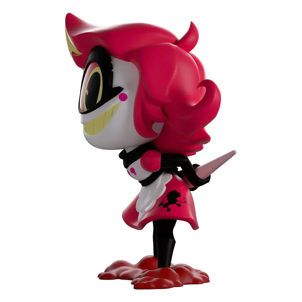 Side view of Niffty Youtooz vinyl figure from Hazbin Hotel, holding a needle behind her back.