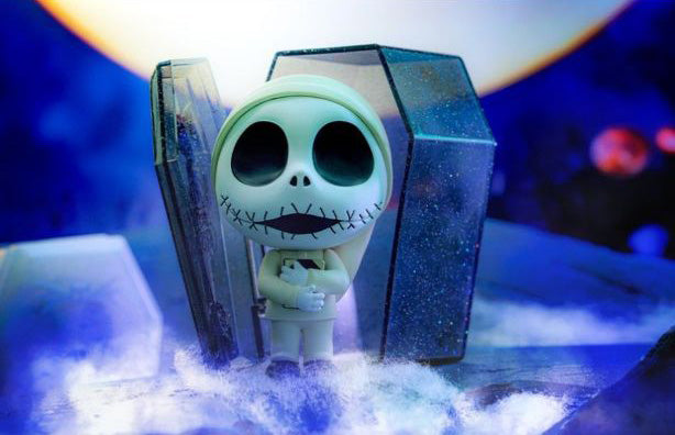 Jack Skellington Cosbi figure standing beside glitter coffin from Nightmare Before Christmas Cosbi Blind Box