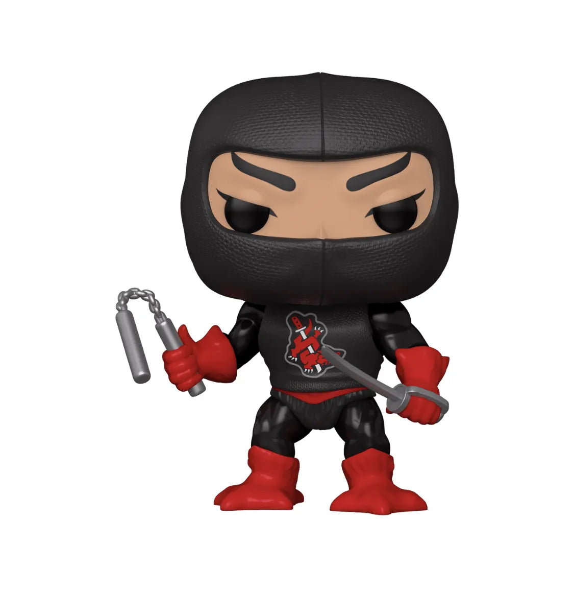 Close-up of Ninjor Funko Pop! with red armor details, bow, and sword accessories.