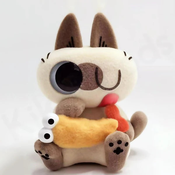 Flocked Azukisan cat collectible winking with plush toy fish