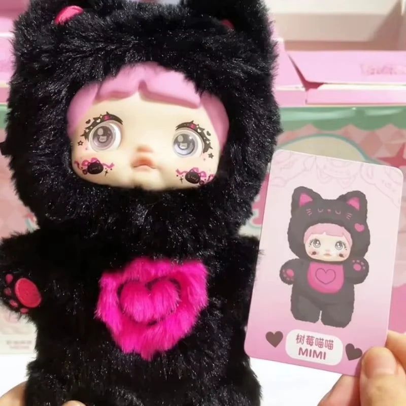 Raspberry Cat Mimi plush keychain in black costume with pink heart and collector card.