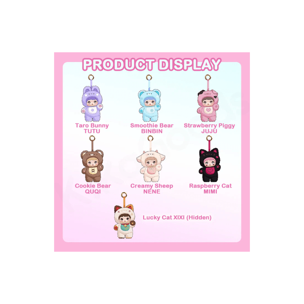 Display of Nommi Loveliness Never Ends Plush Keychain blind box figures including Taro Bunny, Smoothie Bear, Strawberry Piggy, Cookie Bear, Creamy Sheep, Raspberry Cat, and Lucky Cat hidden edition.