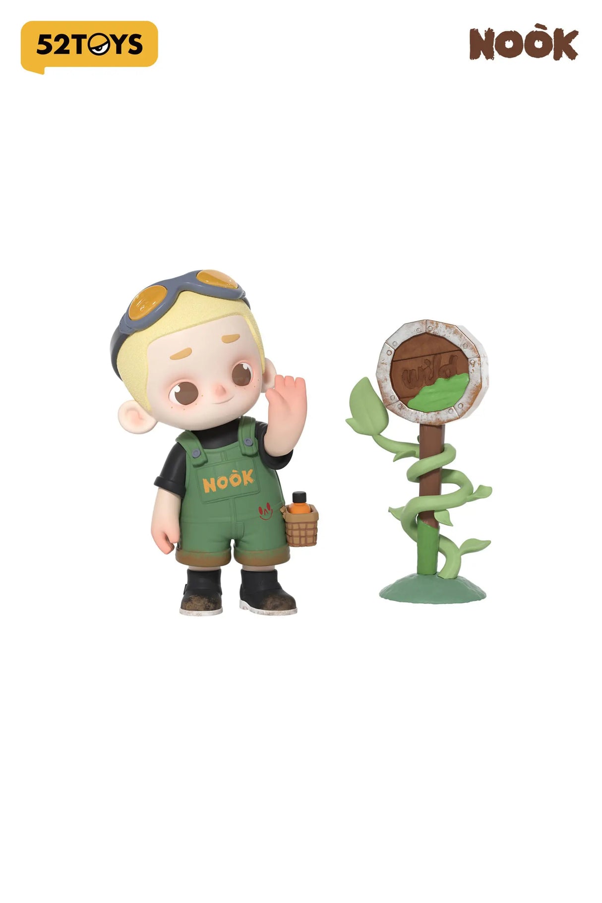 Cute vinyl figure of Nook in green overalls with a wild signpost from Wasteland Park series.