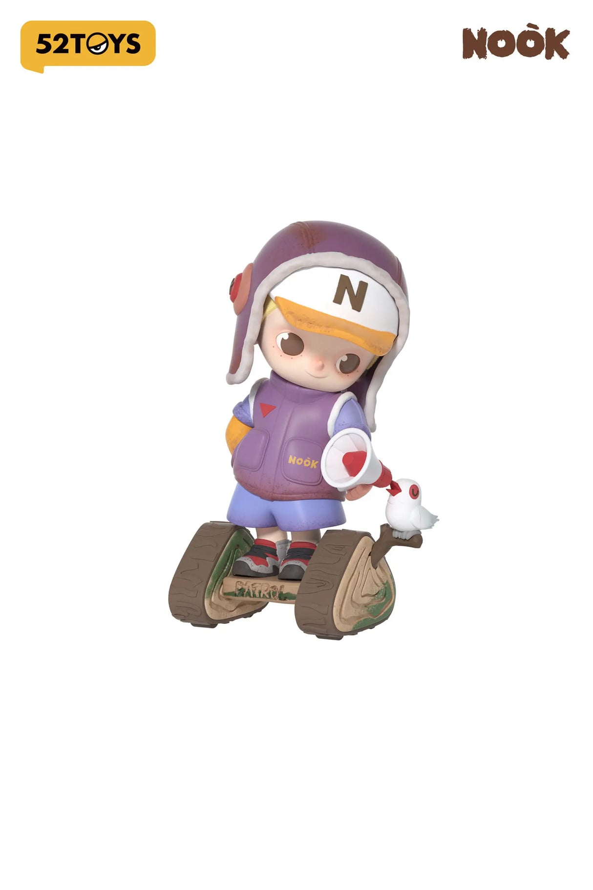 Fishing scene vinyl figure with Nook, a bird on his head, and a cat companion.