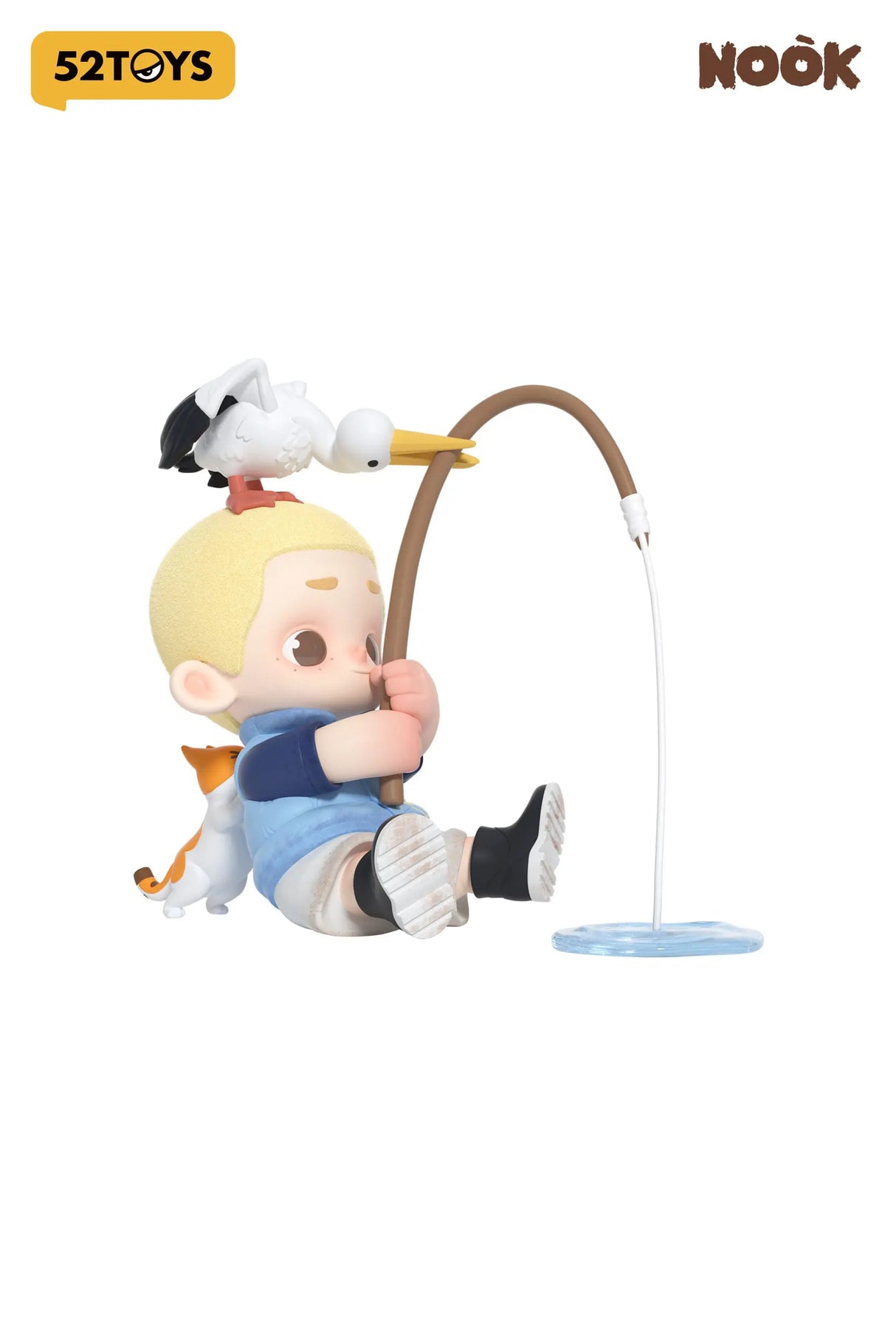 Nook vinyl figure wearing a box helmet and hugging a white cat with a suitcase in hand.