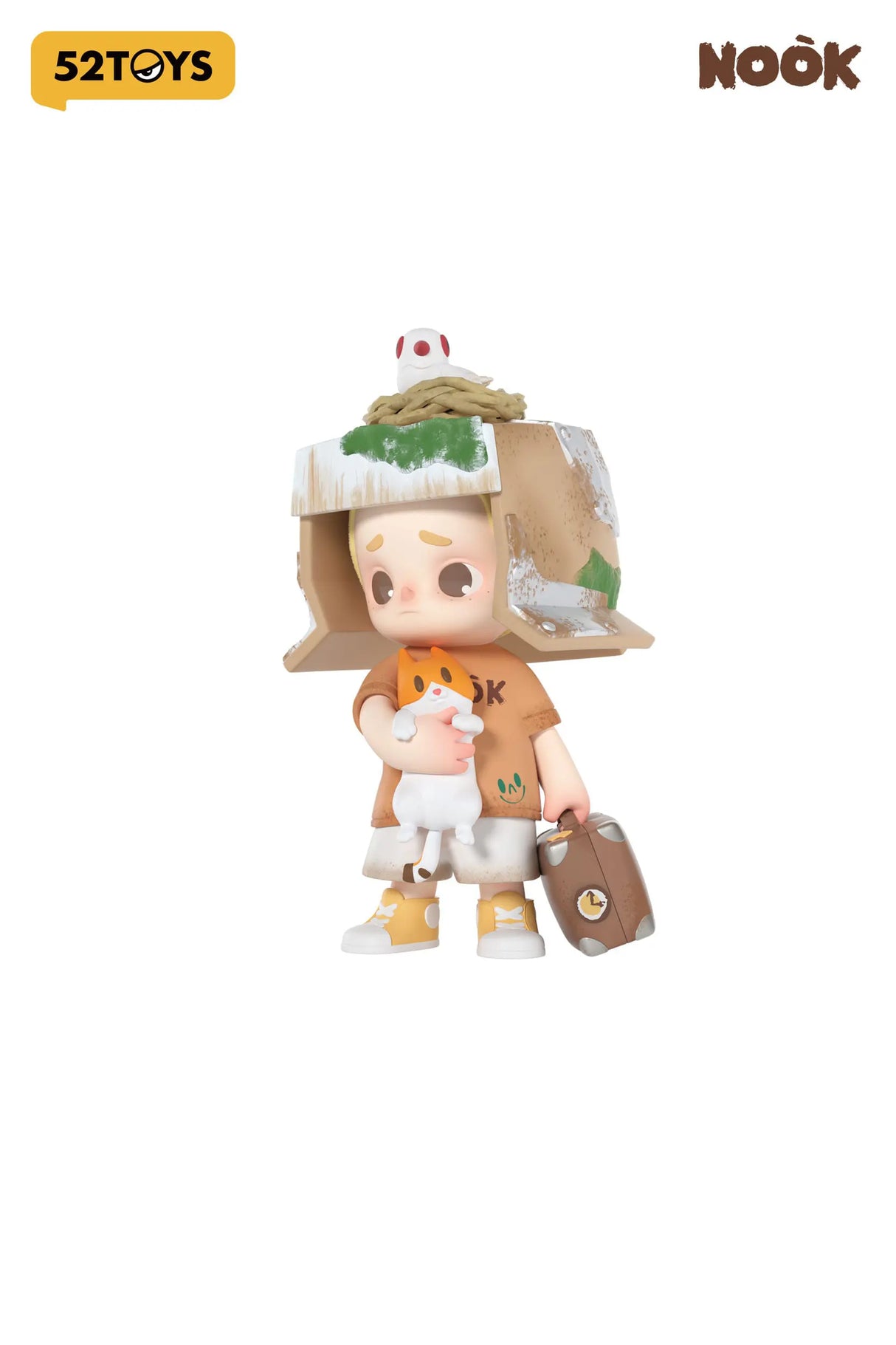 Nook figure with TV on his head, sitting in a laundry basket with folded clothes.