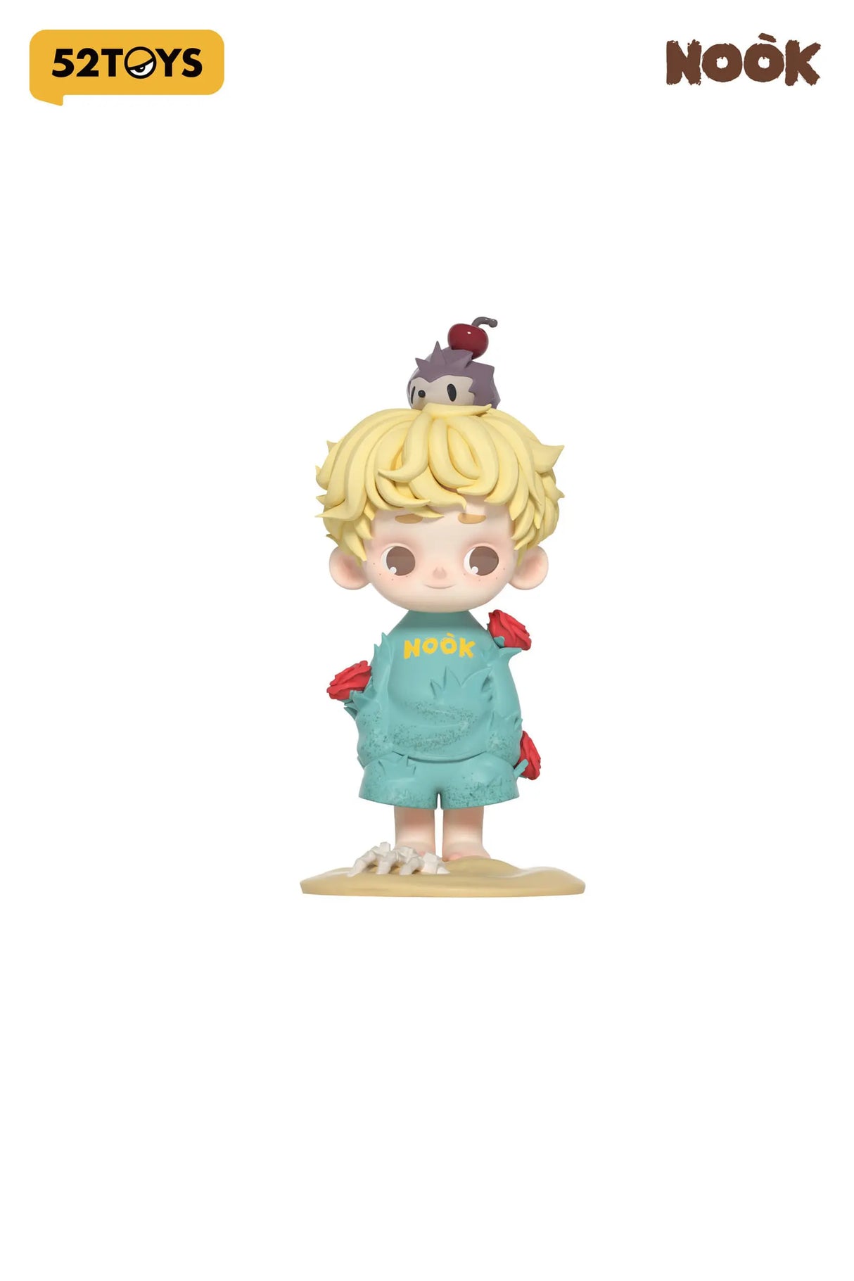 Gas mask-wearing Nook vinyl figure walking his pet dog in the Wasteland Park setting.