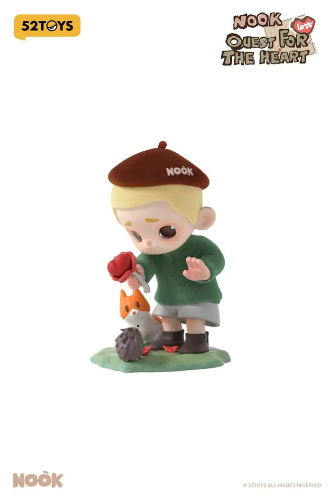 Nook character with beret offering rose to forest animals in blind box figure