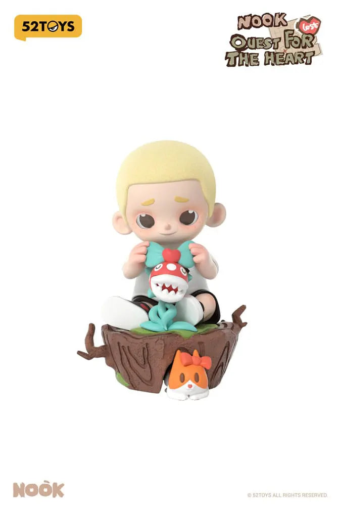 Sitting Nook holding creature with cat companion under tree stump display