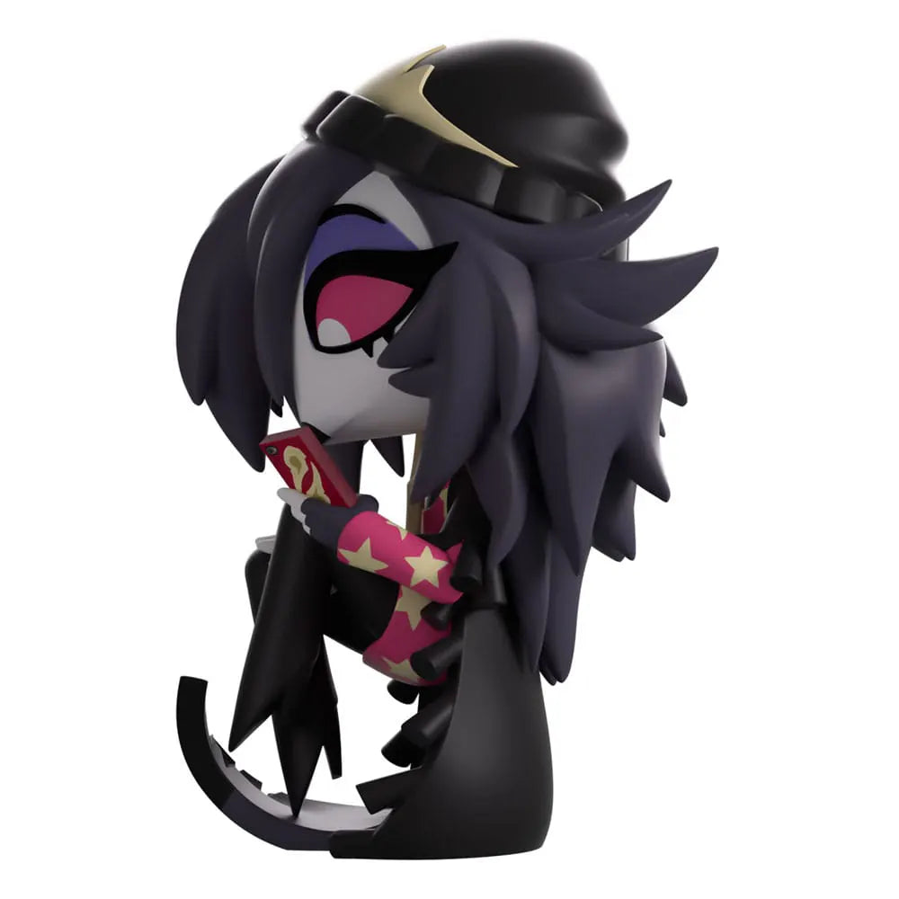 Side angle of Octavia Youtooz Vinyl Figure scrolling on phone with cardigan and boots