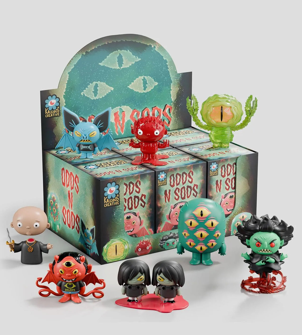 Odds N Sods Blind Box display case and collectible character lineup