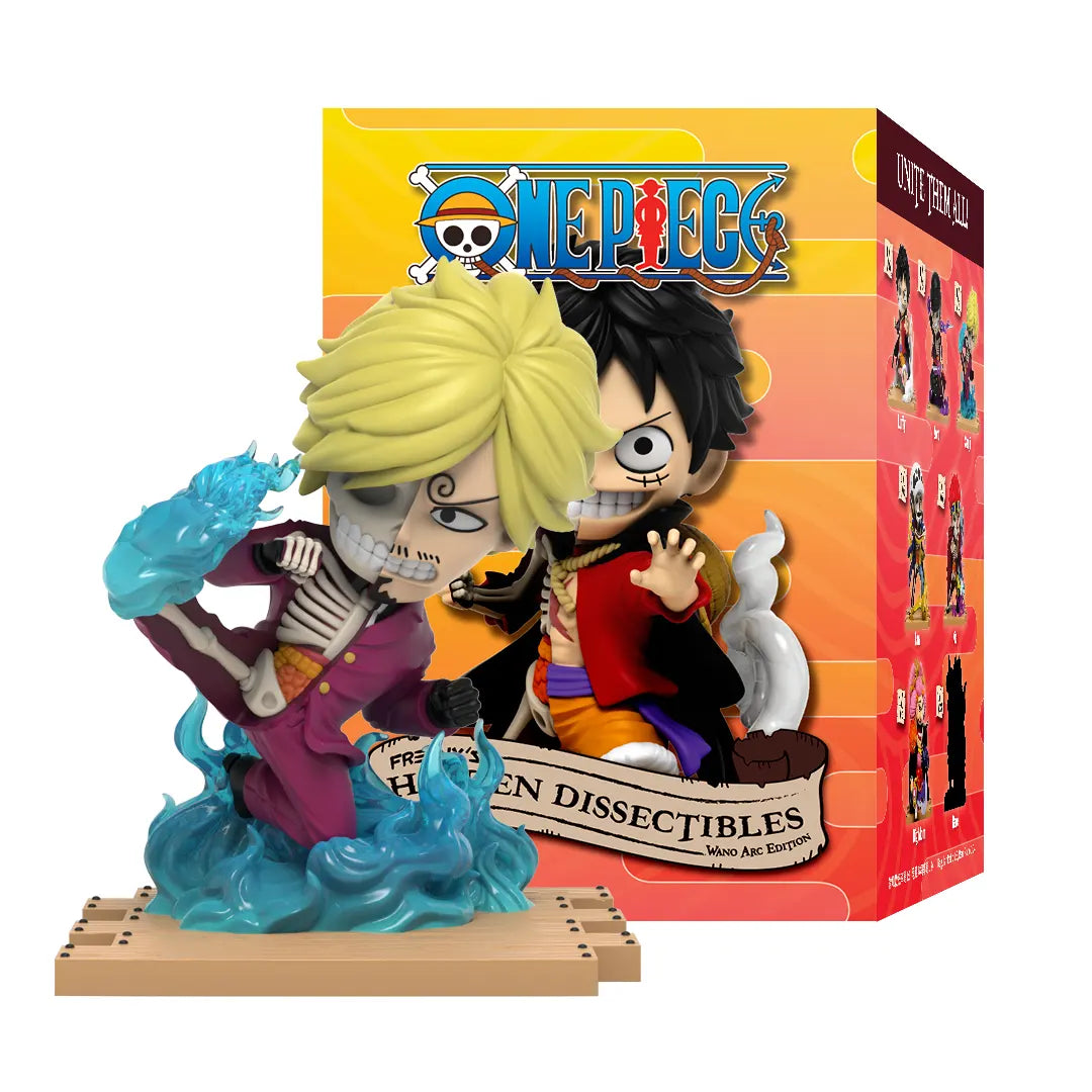 Freeny’s Hidden Dissectibles One Piece Wano Arc Edition Sanji collectible figure with fiery blue kick and anatomical cutaway