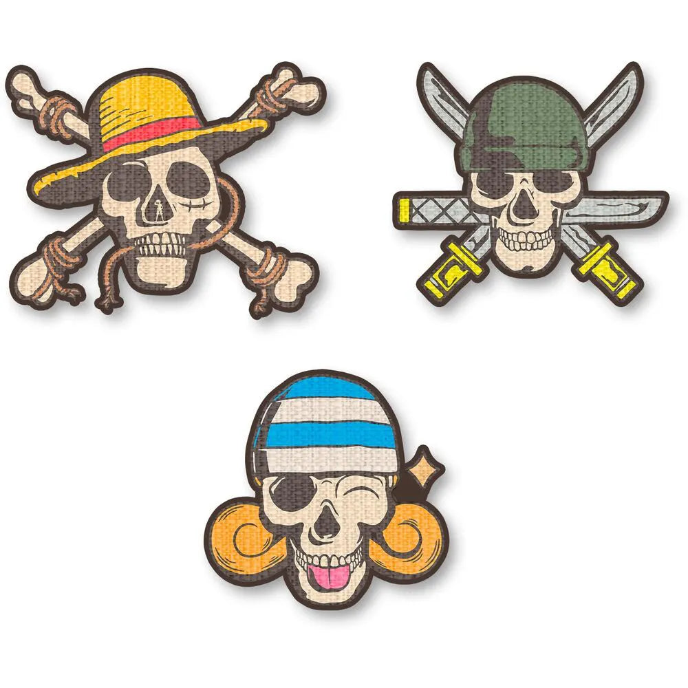 Three One Piece embroidered patches – Straw Hat Skull, Zoro Skull with swords, and pirate skull with striped bandana.