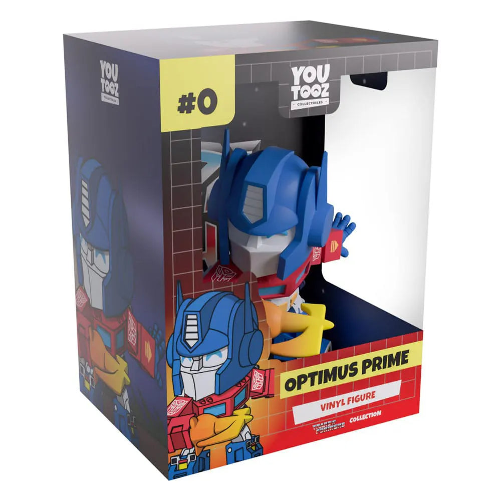 Front of Optimus Prime vinyl figure in packaging by Youtooz