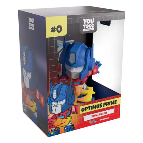 Front of Optimus Prime vinyl figure in packaging by Youtooz