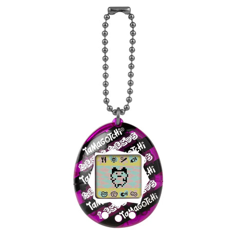 Japanese Ribbon Tamagotchi with chain, black and pink shell design.