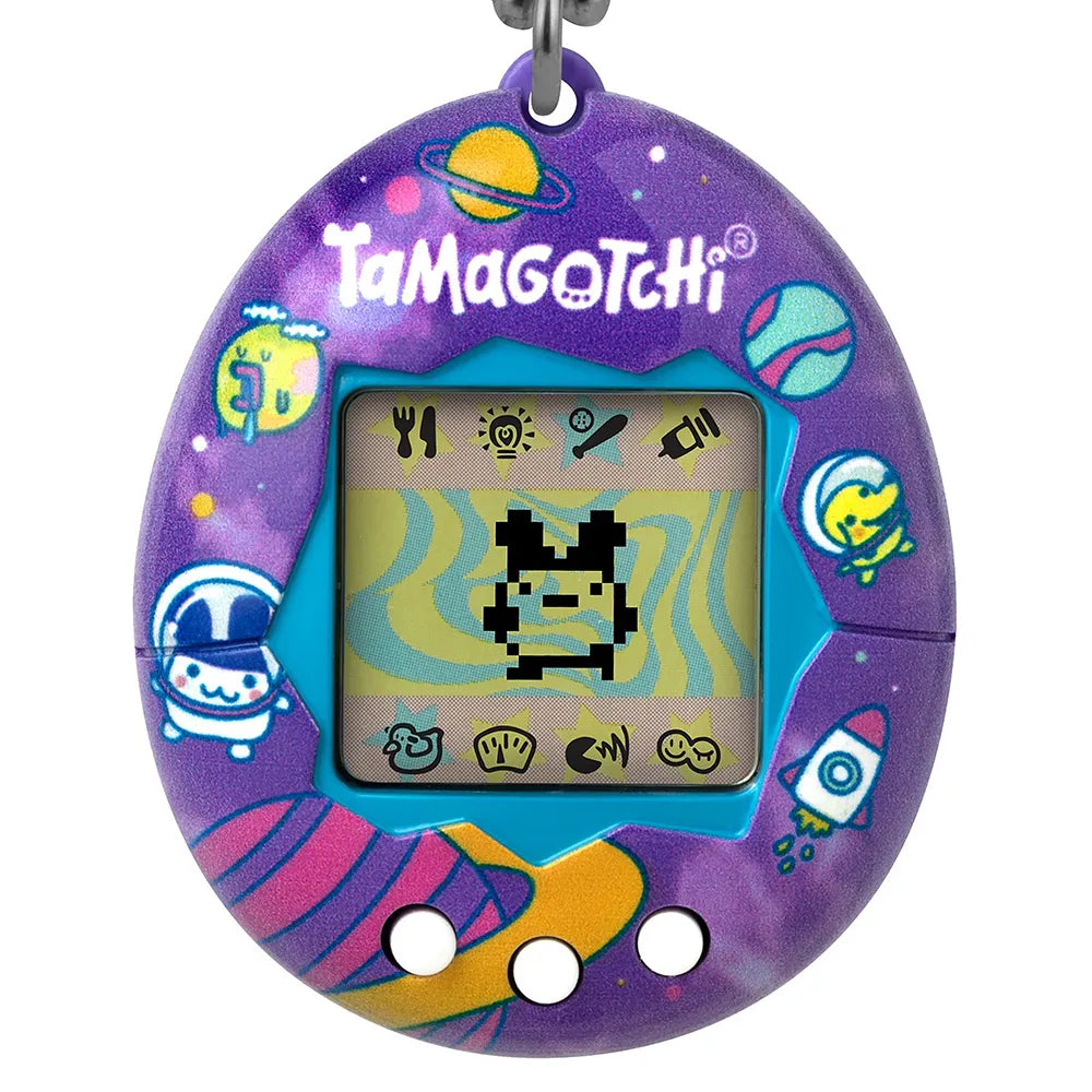Close-up of Tama Universe Tamagotchi screen showing pixel pet character.