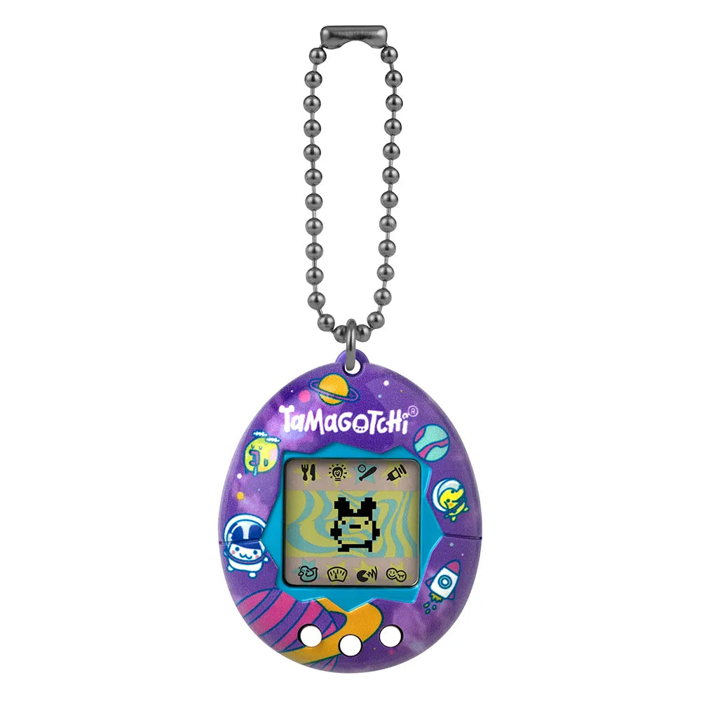 Tama Universe Tamagotchi with keychain, purple shell decorated with planets and rockets.