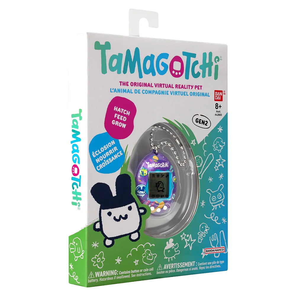 Front view of Tama Universe Tamagotchi packaging with character illustrations.